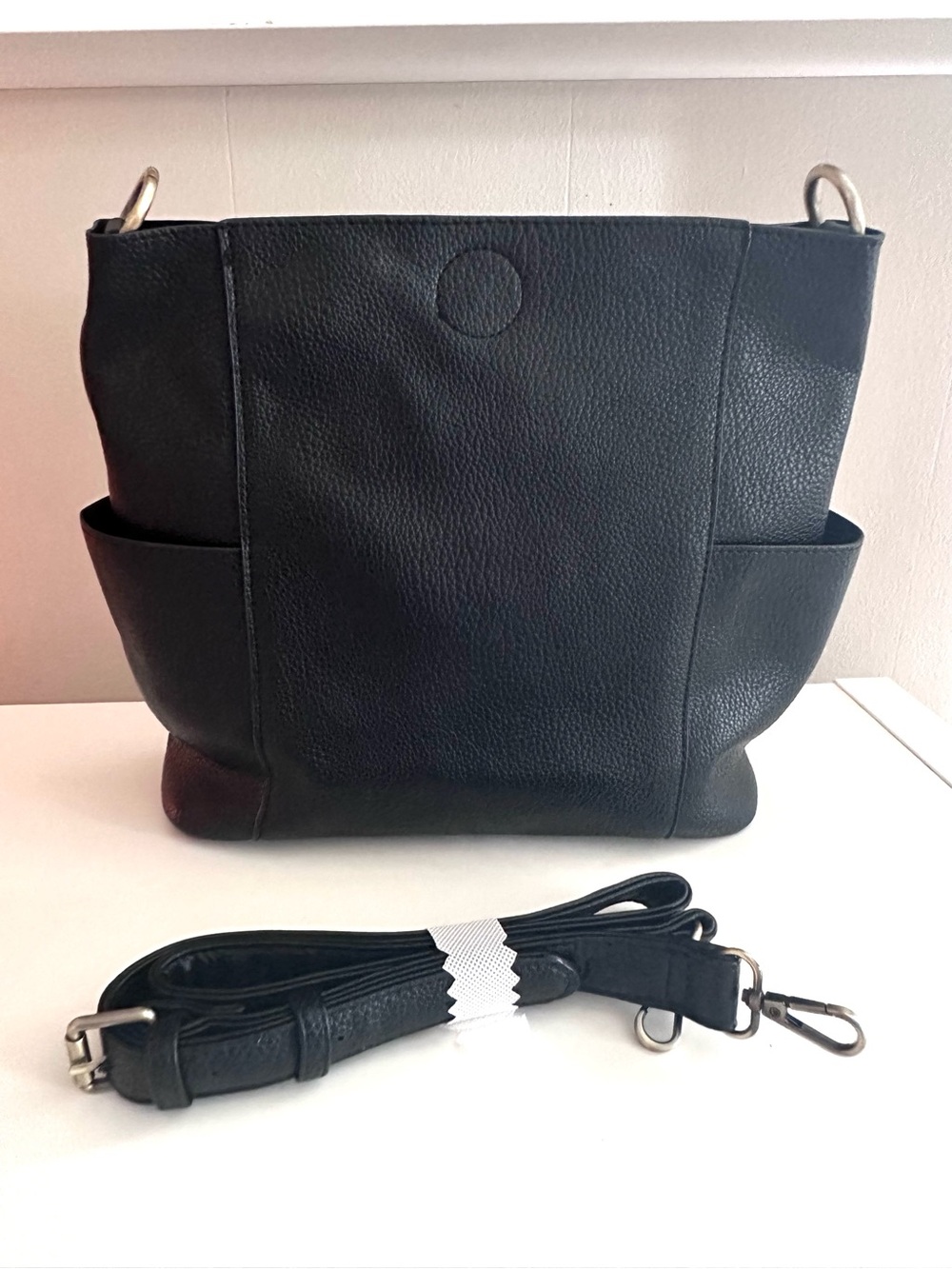 Black Leather Bucket Bag with Side Pockets and Removable Strap NEW WITHOUT TAGS